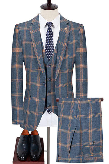 Blue Notched Lapel Slim Fit Plaid Men Suits
